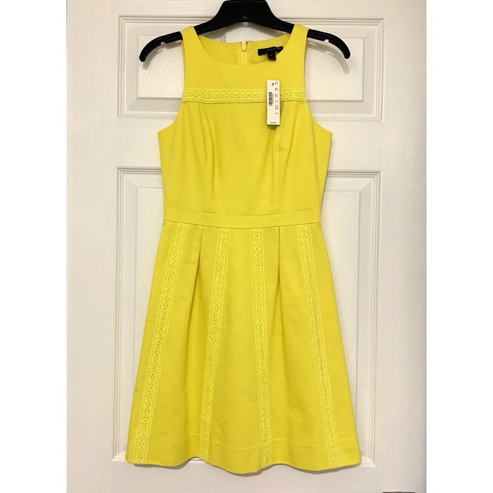 NWT J Crew Pique Cotton Fit Flare Dress 00 Embroidered Ribbon Trim Yellow Cotton